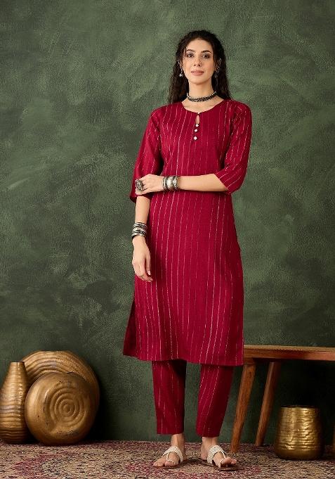 Maroon Printed Chanderi Kurta Set