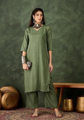 Green Printed Chanderi Kurta Set