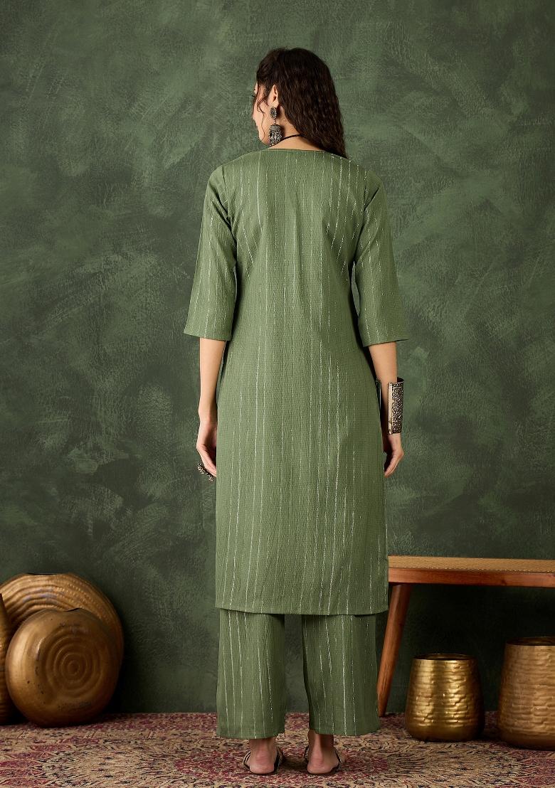 Green Printed Chanderi Kurta Set - Indya
