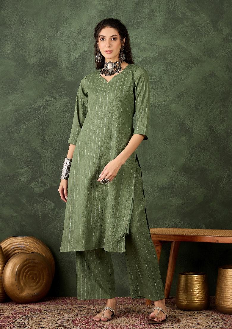 Green Printed Chanderi Kurta Set - Indya