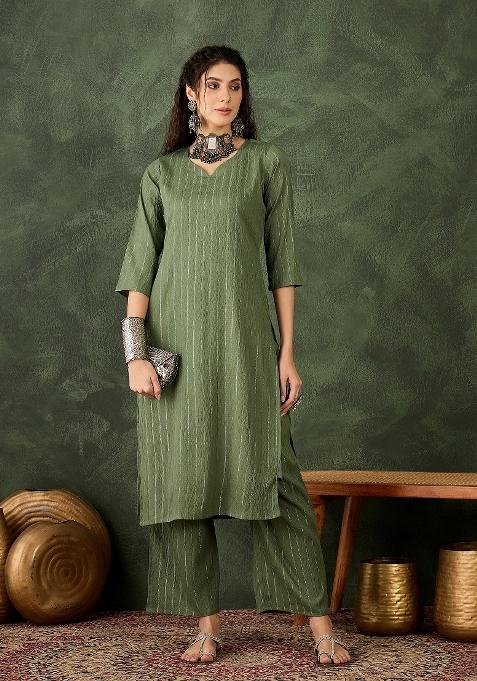 Green Printed Chanderi Kurta Set