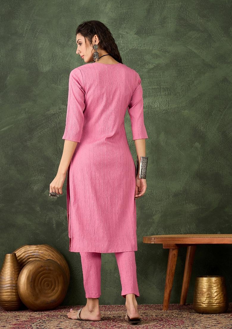 Pink Printed Chanderi Kurta Set - Indya