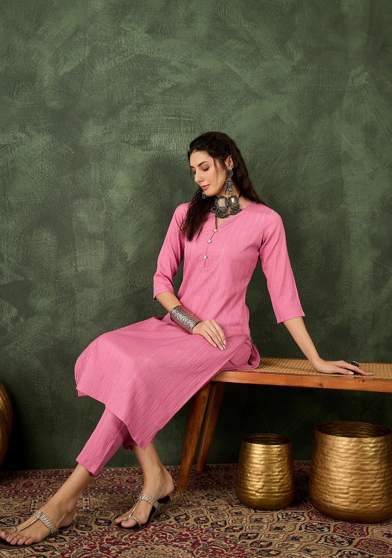 Pink Printed Chanderi Kurta Set - Indya