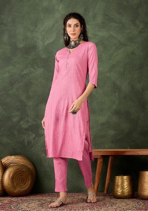 Pink Printed Chanderi Kurta Set