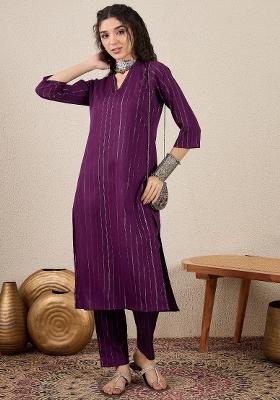 Purple Printed Chanderi Kurta Set