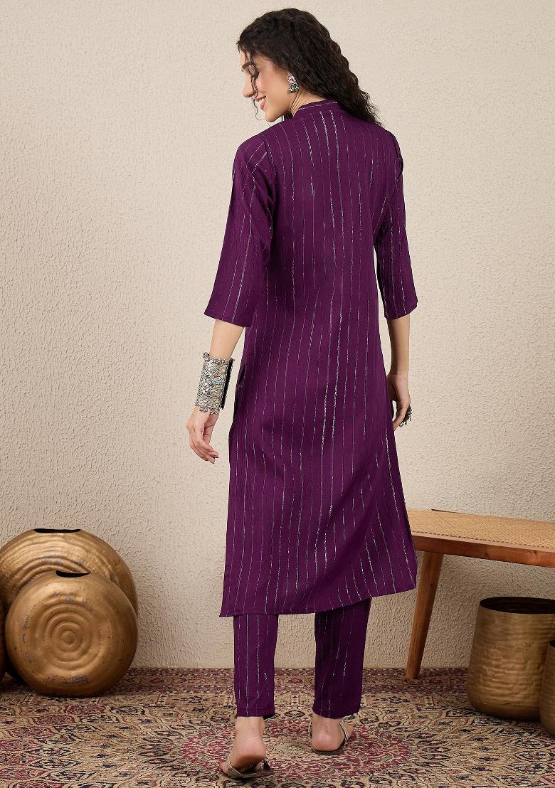 Purple Printed Chanderi Kurta Set - Indya