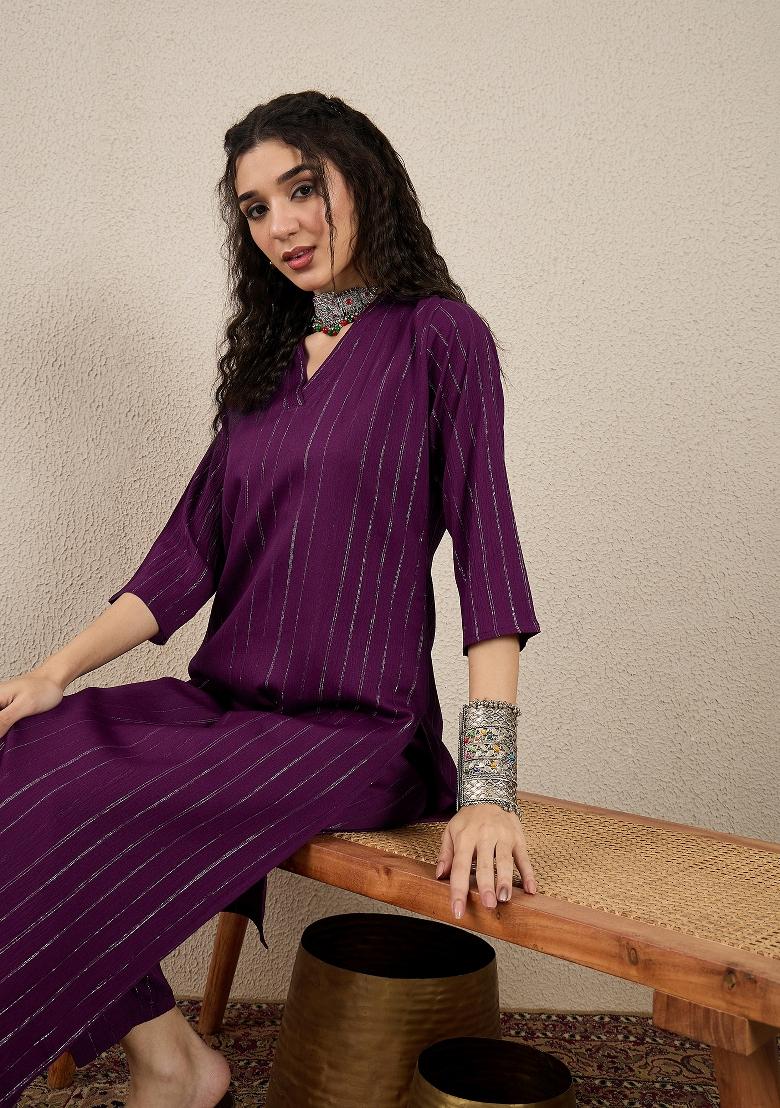 Purple Printed Chanderi Kurta Set - Indya