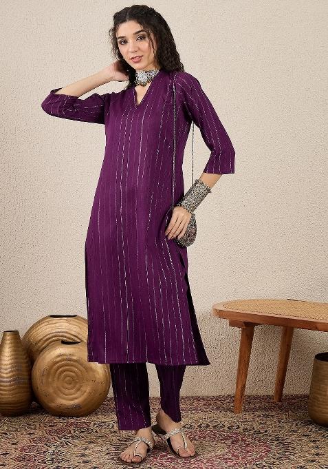 Purple Printed Chanderi Kurta Set