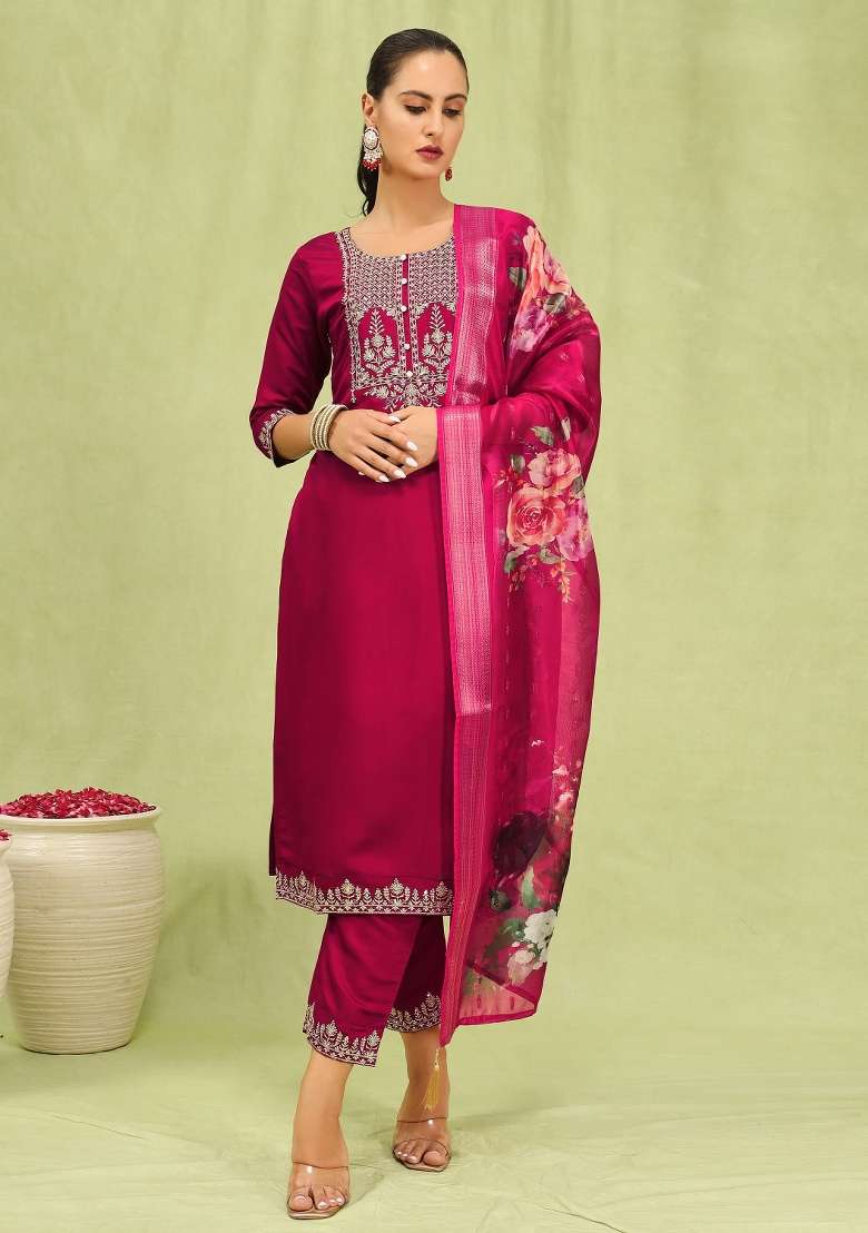 Pink Embroidery Viscose Kurta Set - Indya