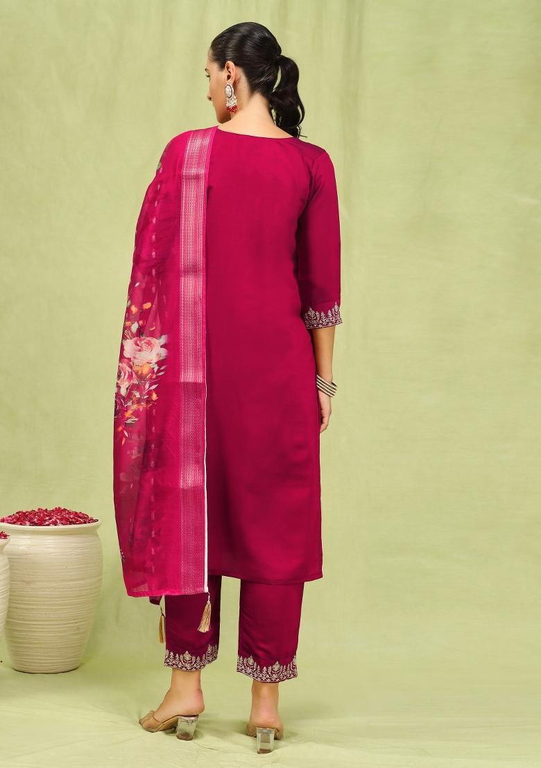 Pink Embroidery Viscose Kurta Set - Indya
