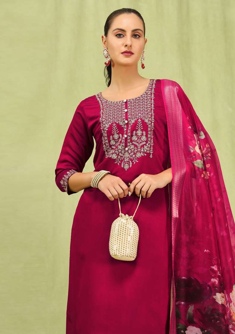 Pink Embroidery Viscose Kurta Set - Indya