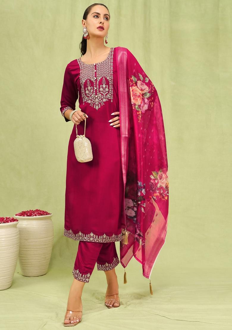 Pink Embroidery Viscose Kurta Set - Indya