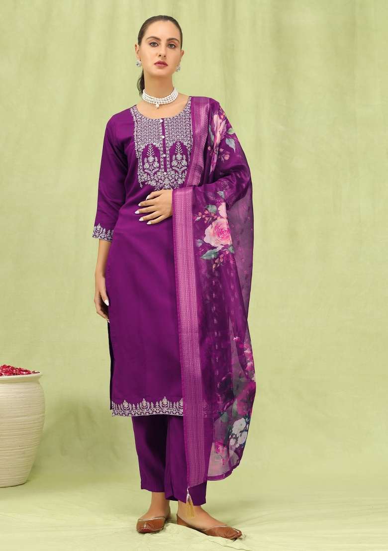 Purple Embroidery Viscose Kurta Set - Indya