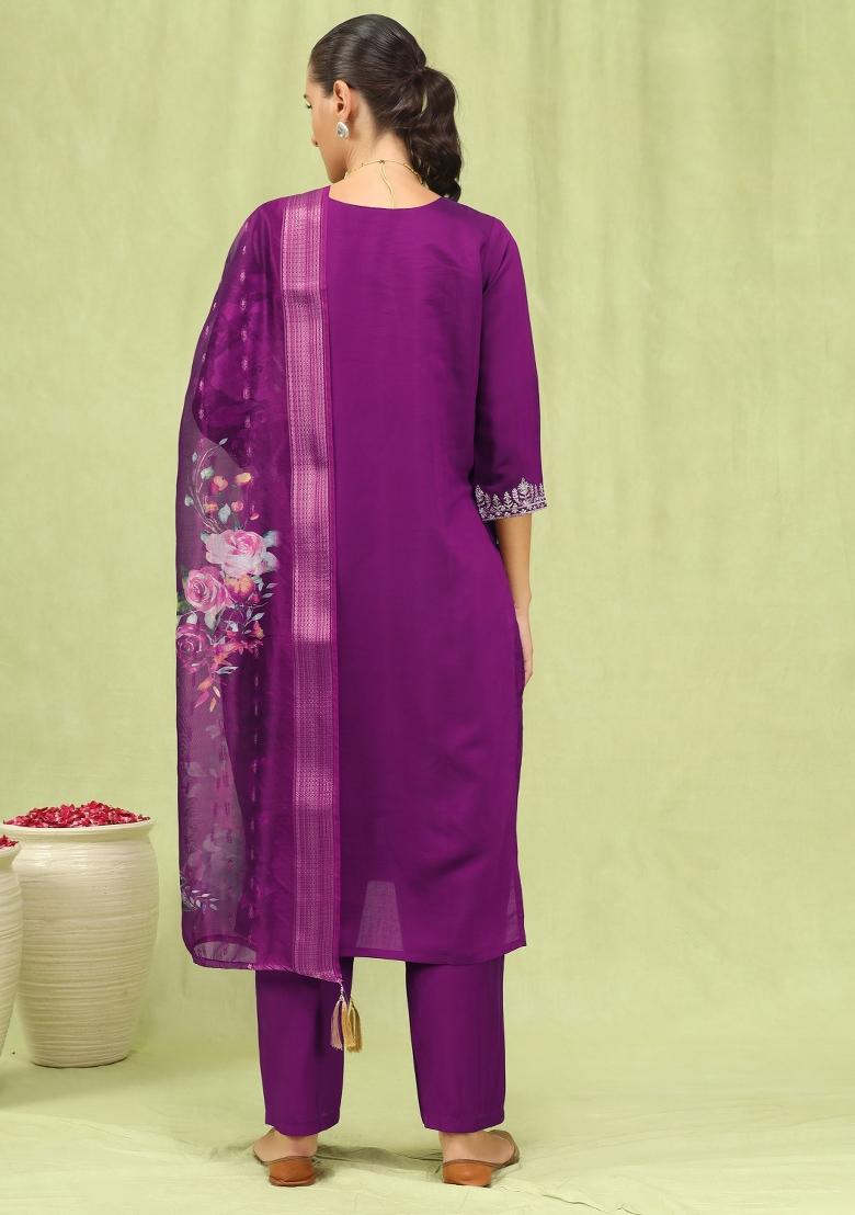 Purple Embroidery Viscose Kurta Set - Indya