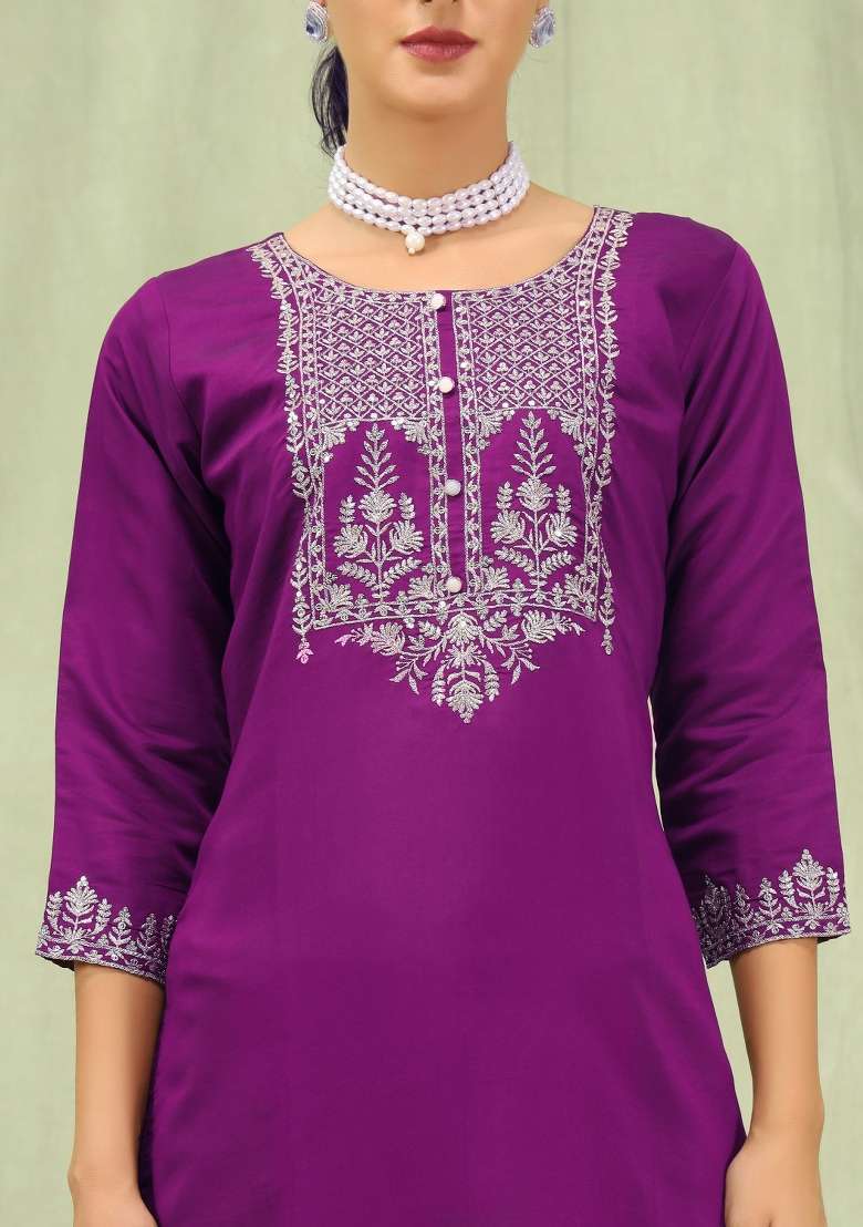 Purple Embroidery Viscose Kurta Set - Indya