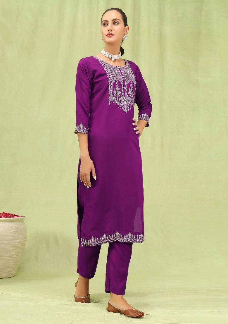 Purple Embroidery Viscose Kurta Set - Indya