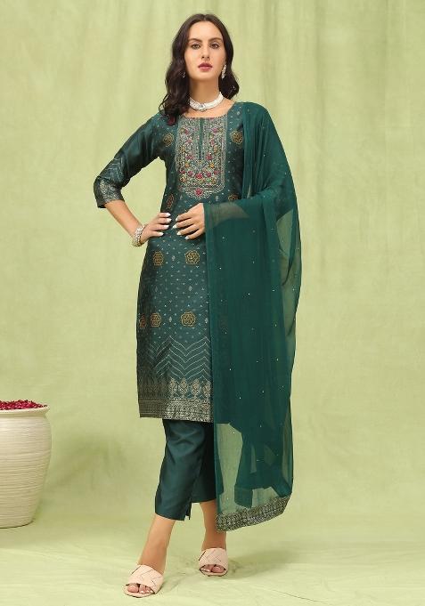 Green Embroidery Jacquard Kurta Set