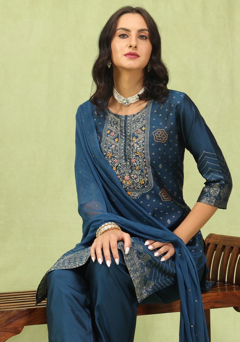 Blue Embroidery Jacquard Kurta Set - Indya