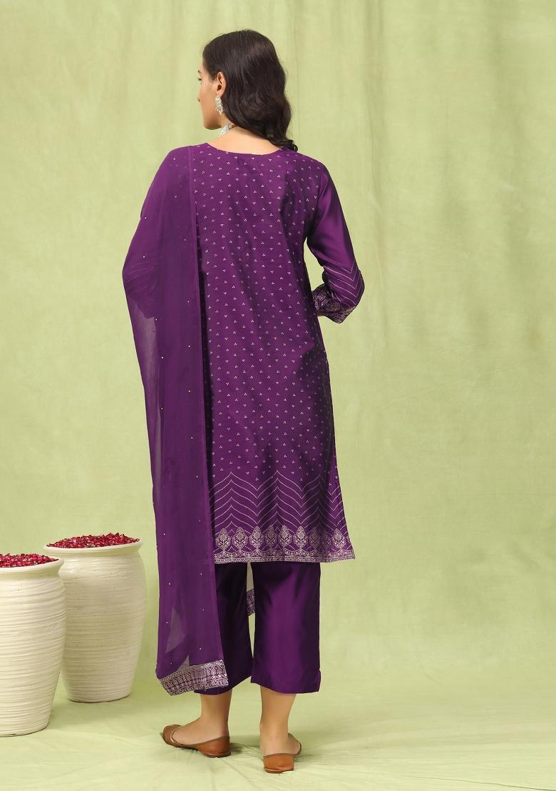 Purple Embroidery Jacquard Kurta Set - Indya