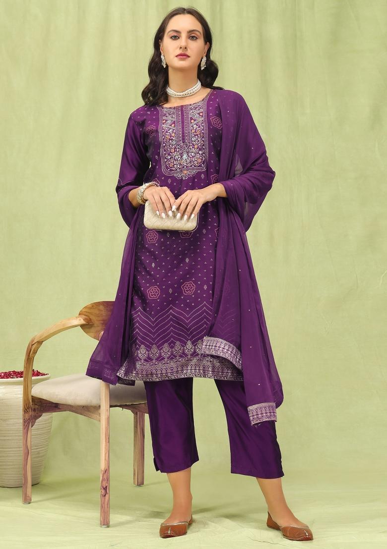 Purple Embroidery Jacquard Kurta Set - Indya