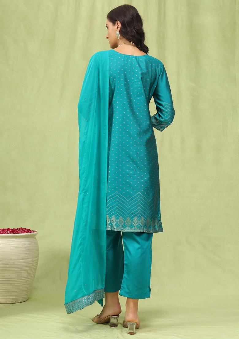 Green Embroidery Jacquard Kurta Set - Indya