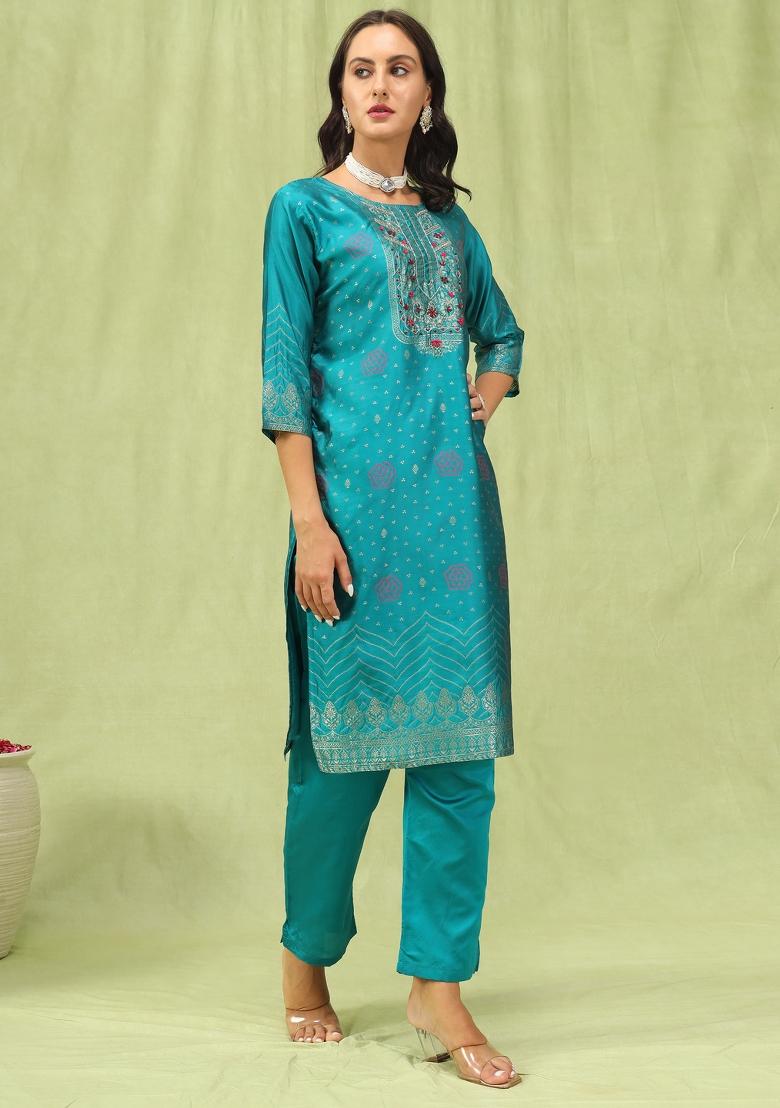 Green Embroidery Jacquard Kurta Set - Indya