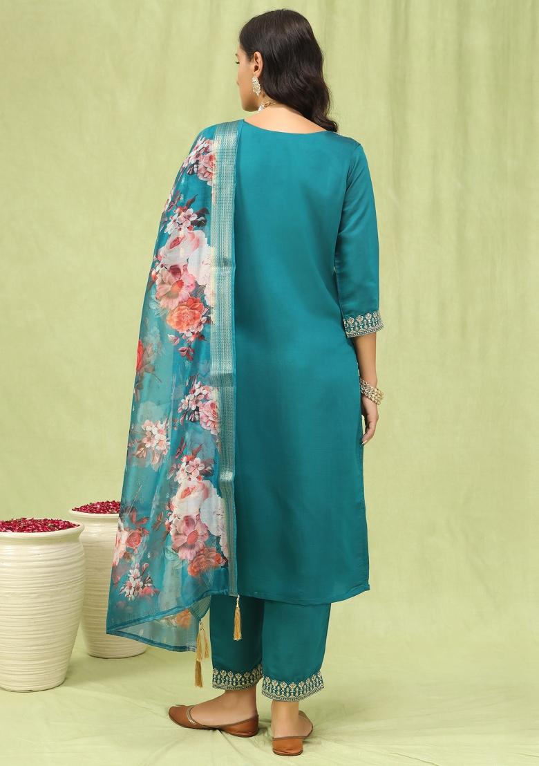 Green Embroidery Silk Kurta Set - Indya