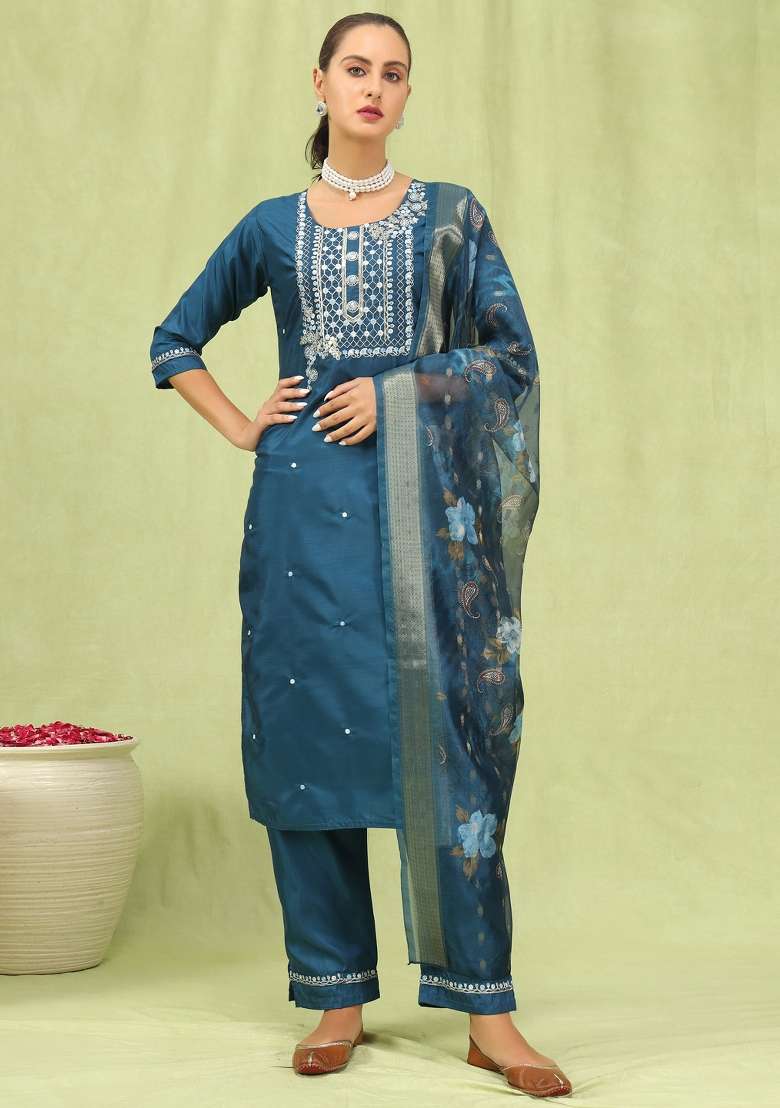Blue Embroidery Silk Kurta Set - Indya
