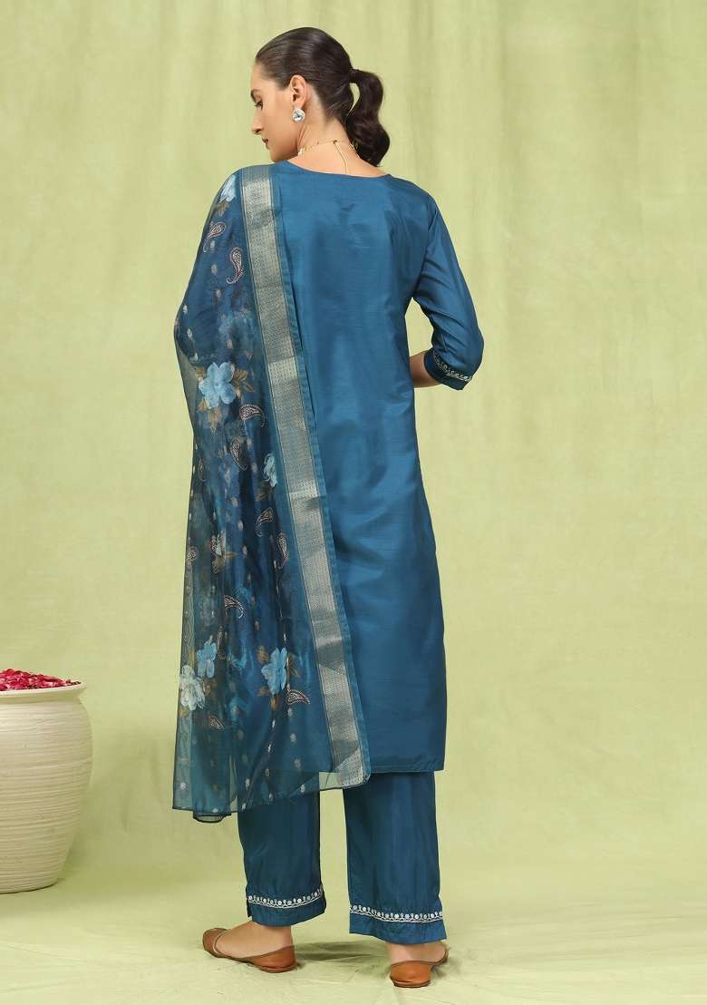 Blue Embroidery Silk Kurta Set - Indya