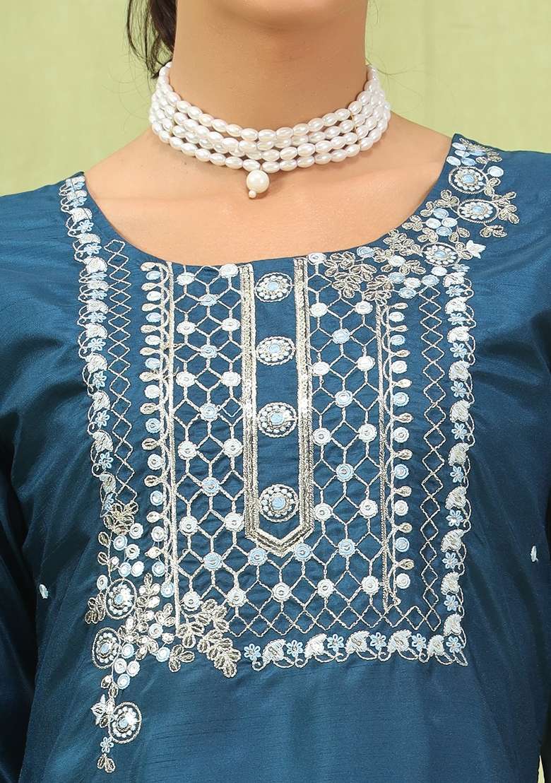 Blue Embroidery Silk Kurta Set - Indya