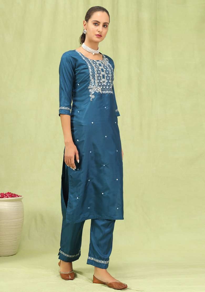 Blue Embroidery Silk Kurta Set - Indya