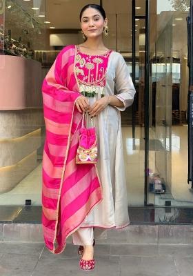 Pink Embroidery Silk Kurta Set