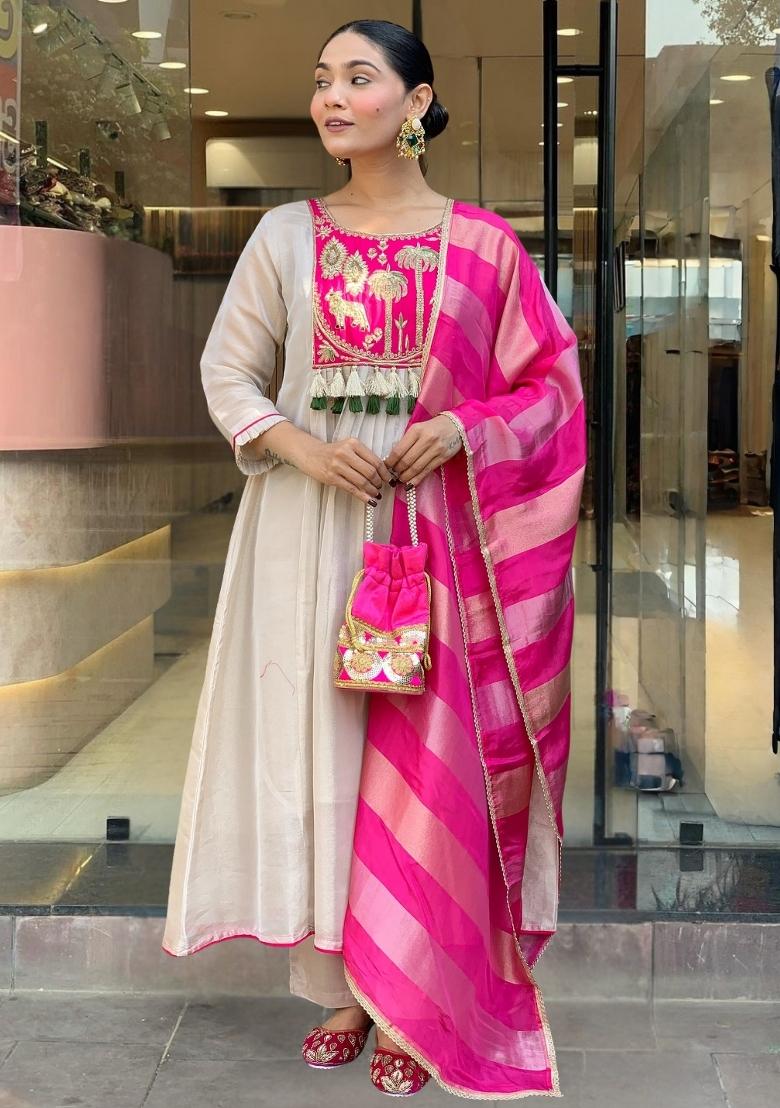 Pink Embroidery Silk Kurta Set - Indya