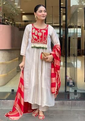 Red Embroidery Silk Kurta Set