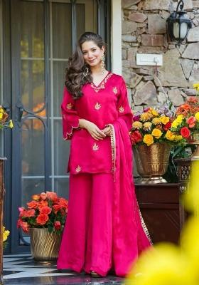 Pink Embroidery Silk Kurta Set