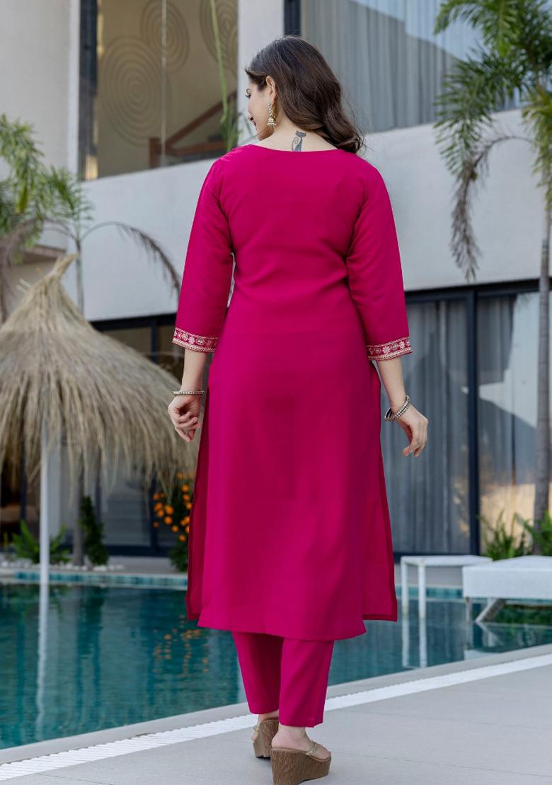 Magenta Embroidery Chanderi Kurta Set - Indya