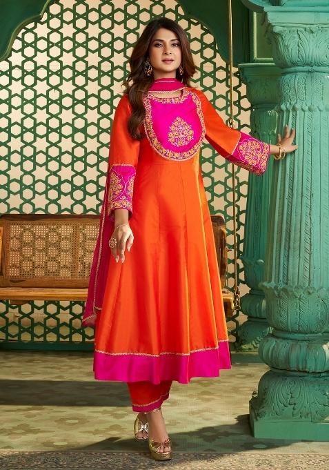 Orange Embroidery Chanderi Kurta Set