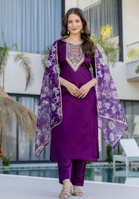 Purple Embroidery Chanderi Kurta Set