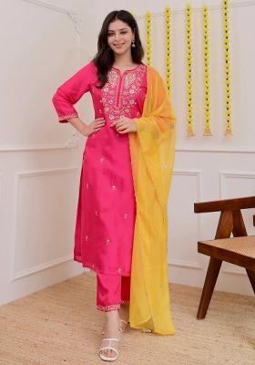 Pink Embroidery Chanderi Kurta Set