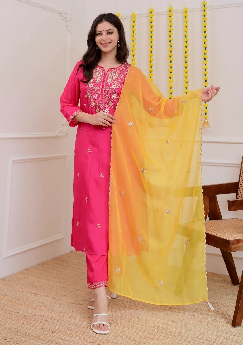 Pink Embroidery Chanderi Kurta Set - Indya