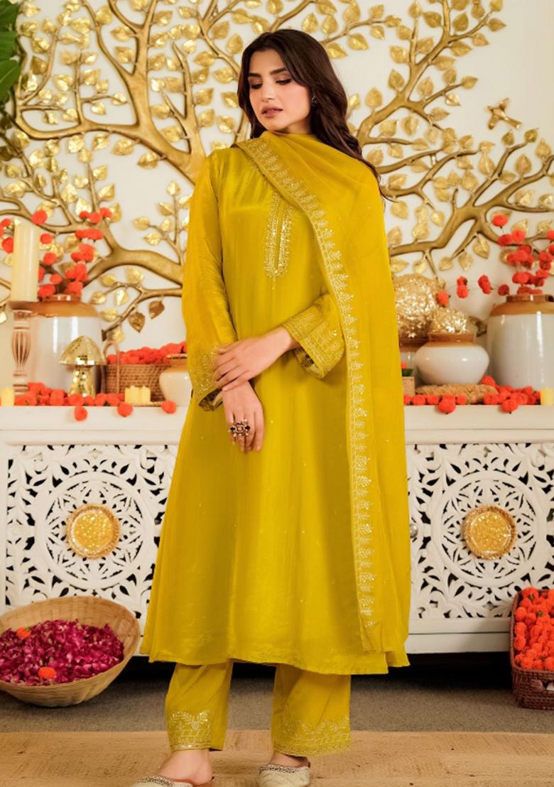 Mustard Embroidery Viscose Kurta Set - Indya