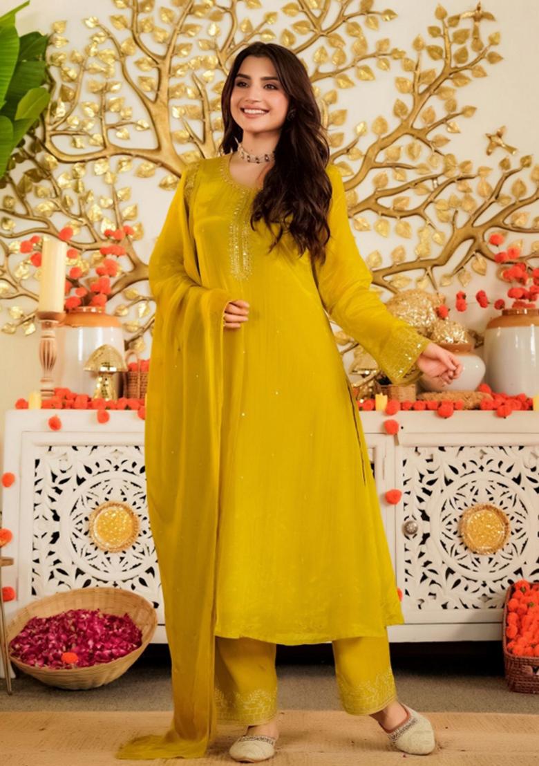 Mustard Embroidery Viscose Kurta Set - Indya