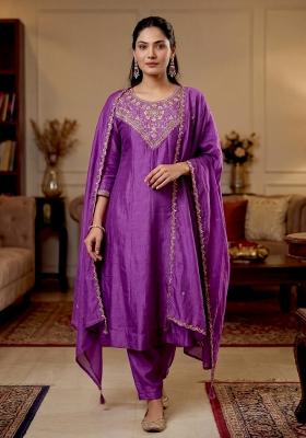 Purple Embroidery Silk Kurta Set