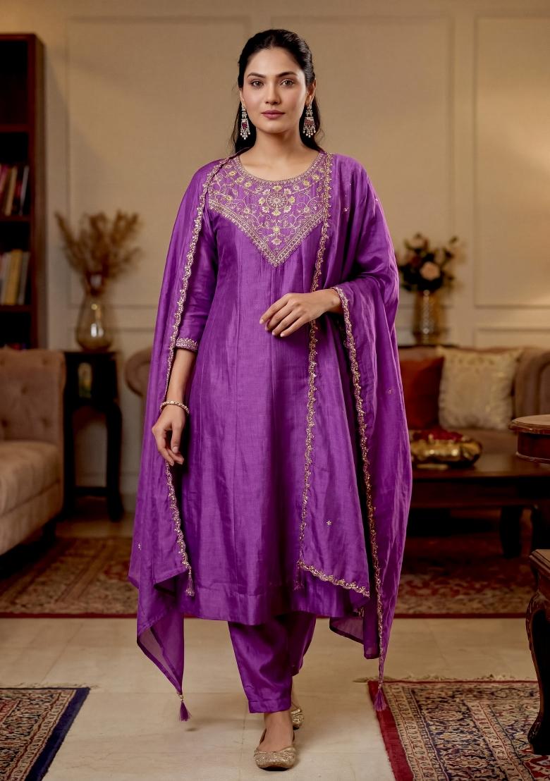 Purple Embroidery Silk Kurta Set - Indya