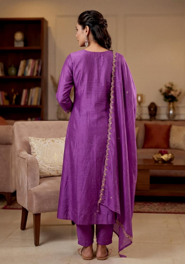 Purple Embroidery Silk Kurta Set - Indya