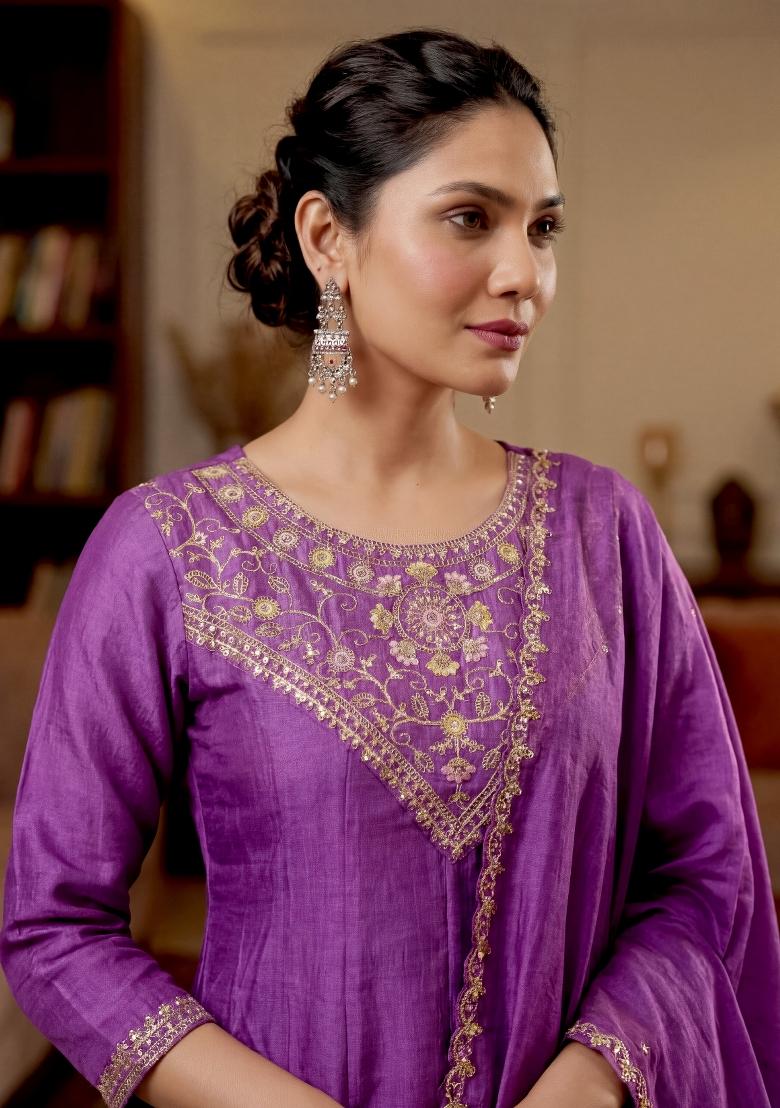 Purple Embroidery Silk Kurta Set - Indya