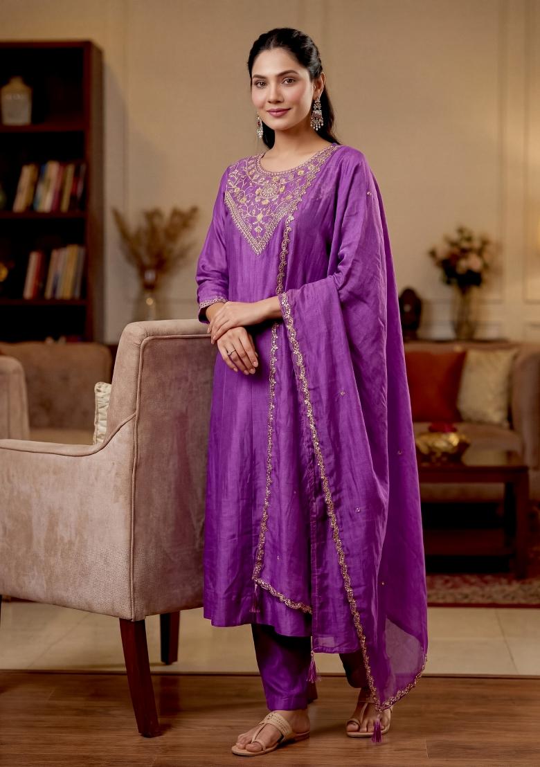Purple Embroidery Silk Kurta Set - Indya