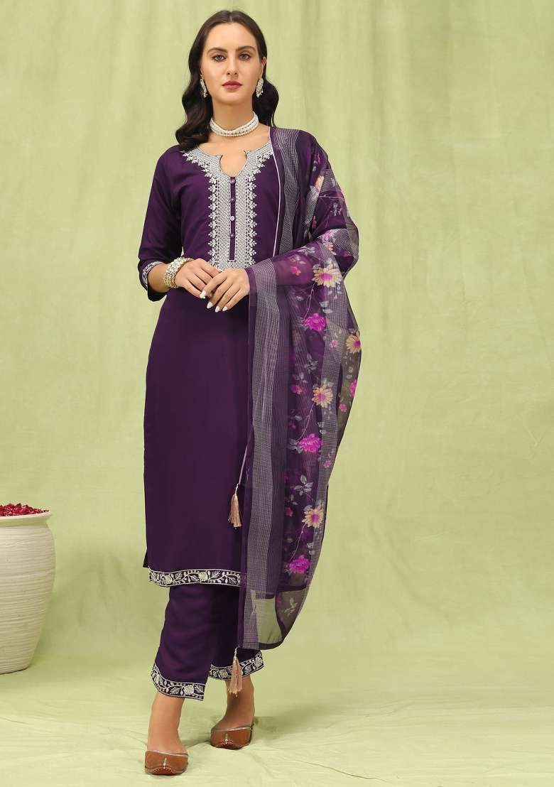 Purple Embroidery Viscose Kurta Set - Indya