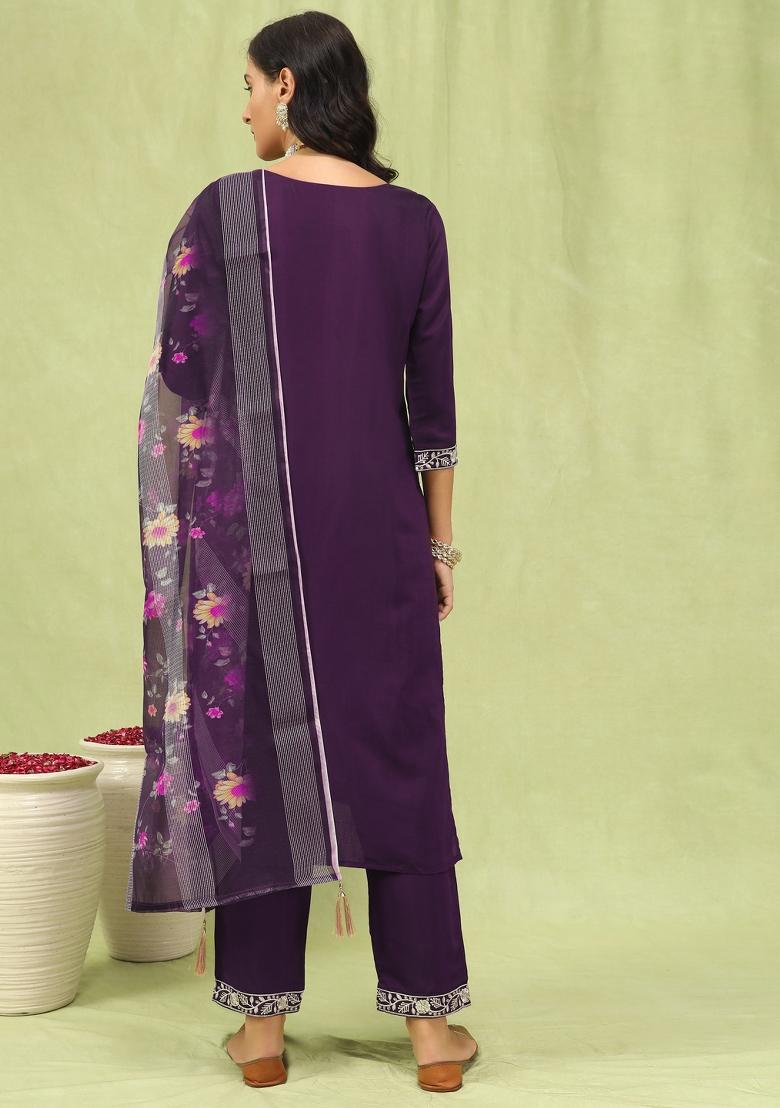 Purple Embroidery Viscose Kurta Set - Indya