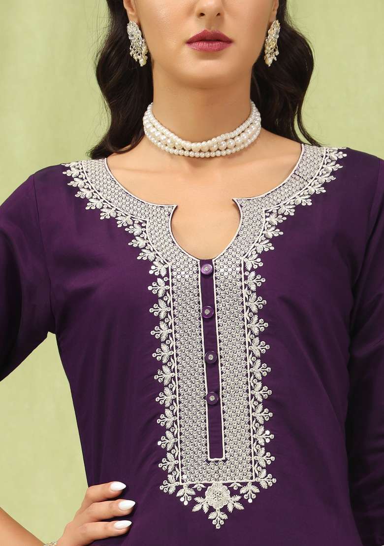 Purple Embroidery Viscose Kurta Set - Indya
